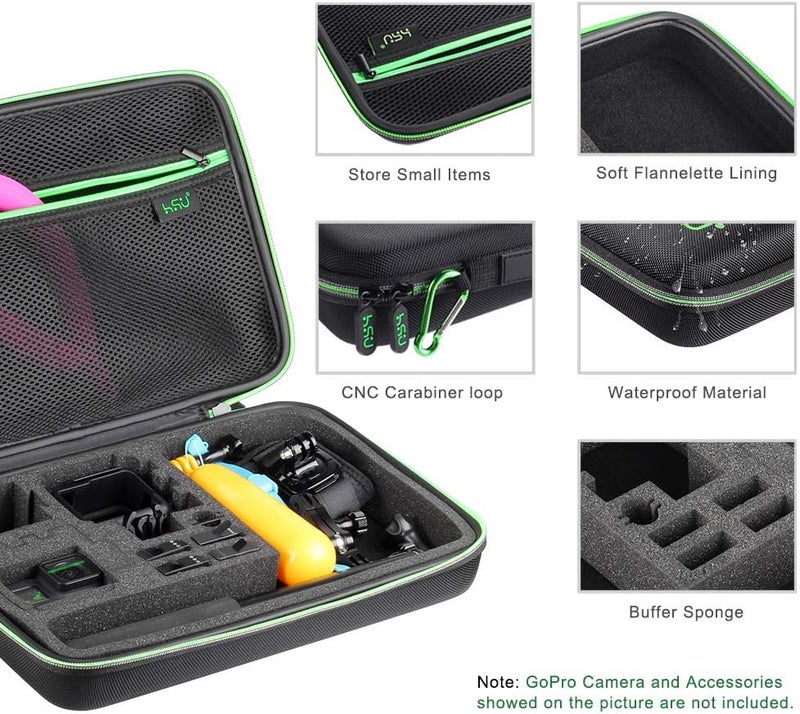 HSU Large Carrying Case for GoPro Hero 13, 12, 11, 10, 9, 8, 7, 6, 5 Black, AKASO Campark and Accessories by with Carry Handle and Carabiner Loop - Portable and Shock (Green Logo) - Image 4